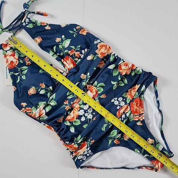 Beachsissi Women's One Piece Halter Neck Cross Front Blue Floral Swimsuit Size M - Picture 8 of 11